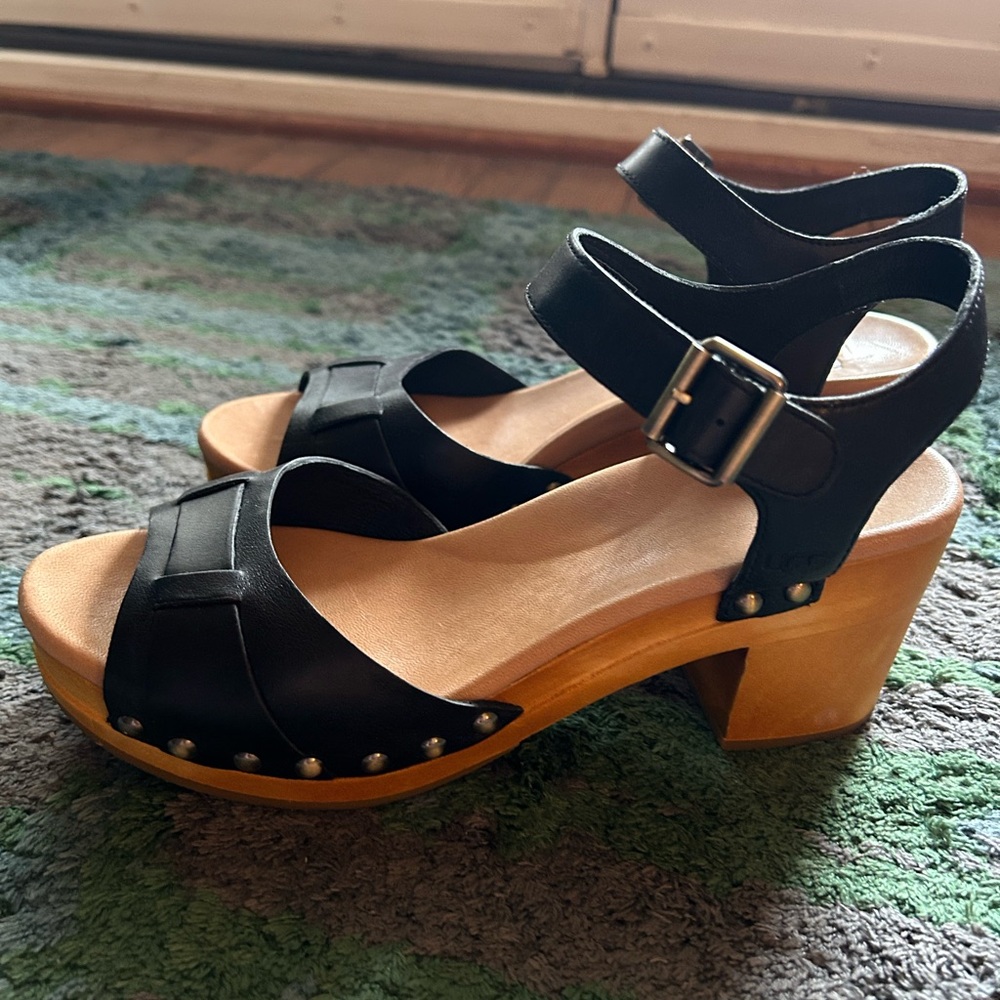 UGG black platform sandals wooden heel